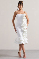 Cream Bandeau Ruffle Midi Dress